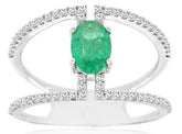 1.05CT DIAMOND & AAA EMERALD 14KT WHITE GOLD 3D OVAL DOUBLE BAND ENGAGEMENT RING