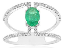 1.05CT DIAMOND & AAA EMERALD 14KT WHITE GOLD 3D OVAL DOUBLE BAND ENGAGEMENT RING