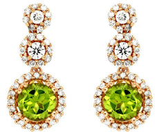 1.45CT DIAMOND & AAA PERIDOT 14KT ROSE GOLD ROUND MULTI FLOWER HANGING EARRINGS