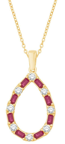 .93CT DIAMOND & AAA RUBY 14KT YELLOW GOLD ROUND & BAGUETTE LOVE FLOATING PENDANT