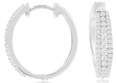 .50CT DIAMOND 14K WHITE GOLD 3D ROUND CLASSIC 3 ROW HUGGIE HOOP HANGING EARRINGS
