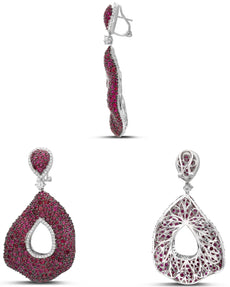 EXTRA LARGE 18.71CT DIAMOND & AAA RUBY 18K WHITE GOLD TEAR DROP HANGING EARRINGS