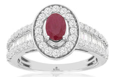 1.56CT DIAMOND & AAA RUBY 14KT WHITE GOLD OVAL ROUND & BAGUETTE ENGAGEMENT RING