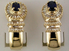 2CT DIAMOND & AAA SPAPHIRE 14KT YELLOW GOLD 3D OVAL & BAGUETTE HANGING EARRINGS