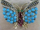 ANTIQUE LARGE DIAMOND RUBY SAPPHIRE TURQUOISE 14K W&Y GOLD BUTTERFLY PIN #2187