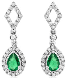 1.24CT DIAMOND & AAA EMERALD 14KT WHITE GOLD PEAR SHAPE & ROUND HANGING EARRINGS