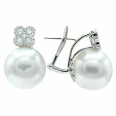 ESTATE LARGE .50CT DIAMOND & AAA SOUTH SEA PEARL 18KT WHITE GOLD FLOWER EARRINGS