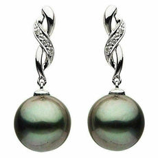 ESTATE .06CT DIAMOND & AAA TAHITIAN PEARL 14K WHITE GOLD SWIRL HANGING EARRINGS