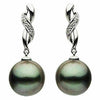 ESTATE .06CT DIAMOND & AAA TAHITIAN PEARL 14K WHITE GOLD SWIRL HANGING EARRINGS