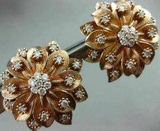 ESTATE LARGE 1.47CT DIAMOND 18K ROSE GOLD 3D FLOWER HANDCRAFTED CLIP ON EARRINGS