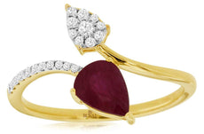 .87CT DIAMOND & AAA RUBY 14KT YELLOW GOLD 3D ROUND & PEAR SHAPE CRISS CROSS RING