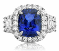 EGL CERTIFIED LARGE 6CT DIAMOND & AAA SAPPHIRE PLATINUM 3 STONE ENGAGEMENT RING