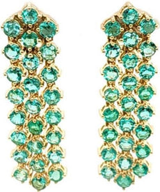 LARGE 6.68CT AAA EMERALD 18KT YELLOW GOLD MULTI ROW HEXAGON FUN HANGING EARRINGS