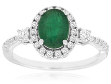 1.50CT DIAMOND AAA EMERALD 14K WHITE GOLD OVAL 3 STONE FRIENDSHIP ENGAGEMNT RING