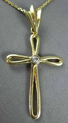 ANTIQUE .12CT DIAMOND 14KT YELLOW GOLD SOLITAIRE CROSS PENDANT & CHAIN #480