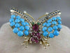 ANTIQUE LARGE DIAMOND RUBY SAPPHIRE TURQUOISE 14K W&Y GOLD BUTTERFLY PIN #2187