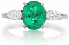 ESTATE 2.40CT DIAMOND & AAA OVAL EMERALD PLATINUM 3D THREE STONE ENGAGEMENT RING