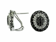 1.39CT WHITE & BLACK DIAMOND 14KT WHITE GOLD CLUSTER OVAL HALO CLIP ON EARRINGS