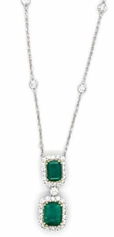 3.48CT DIAMOND & AAA EMERALD 18KT WHITE GOLD DOUBLE SOLITAIRE HALO LOVE NECKLACE