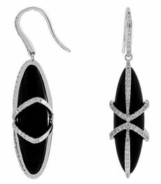 ESTATE .95CT DIAMOND & AAA ONYX 14KT WHITE GOLD FLOWER MARQUISE HANGING EARRINGS