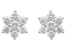 LARGE 1.52CT DIAMOND 18KT WHITE GOLD 3D ROUND CLASSIC FLOWER STAR STUD EARRINGS