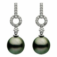 ESTATE .61CT ROUND DIAMOND & AAA TAHITIAN PEARL 18K WHITE GOLD CIRCULAR EARRINGS