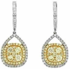 ESTATE LARGE 1.82CT WHITE & FANCY YELLOW DIAMOND 14KT WHITE GOLD SQUARE EARRINGS