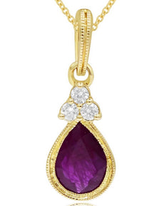 .81CT DIAMOND & AAA RUBY 14KT YELLOW GOLD 3D PEAR SHAPE & ROUND FILIGREE PENDANT