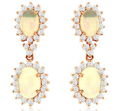 4.10CT DIAMOND & AAA OPAL 14KT ROSE GOLD 3D OVAL & ROUND DOUBLE FLOWER EARRINGS