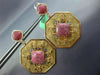 LARGE 1.1CT DIAMOND & PINK AGATE 18K ROSE & YELLOW GOLD OCTAGON HANGING EARRINGS