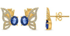 1.38CT DIAMOND AAA SAPPHIRE 14K YELLOW GOLD OVAL & ROUND BUTTERFLY STUD EARRINGS