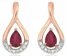 ESTATE 1.02CT DIAMOND & AAA RUBY 14KT ROSE GOLD 3D PEAR SHAPE HANGING EARRINGS