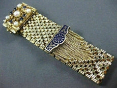 ANTIQUE .60CT SAPPHIRE 14KT Y GOLD PEARL & BLUE ENAMEL TASSEL BRACELET #19994