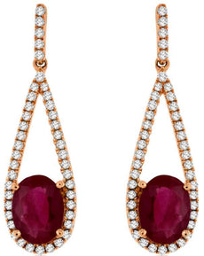 2.15CT DIAMOND & AAA RUBY 14KT ROSE GOLD OVAL & ROUND TEAR DROP HANGING EARRINGS
