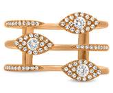 LARGE .42CT DIAMOND 14KT ROSE GOLD MULTI ROW LUCKY EVIL EYE CRISS CROSS FUN RING
