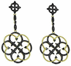 1.0CT BLACK DIAMOND 14K YELLOW GOLD 3D FLOWER FILIGREE MILGRAIN HANGING EARRINGS