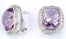 18.82CT DIAMOND & AAA AMETHYST 14KT WHITE GOLD 3D CUSHION HALO CLIP ON EARRINGS