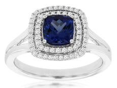LARGE 1.30CT DIAMOND & AAA TANZANITE 14K WHITE GOLD CUSHION HALO ENGAGEMENT RING