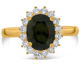 WIDE 2.69CT DIAMOND & AAA GREEN SAPPHIRE 18KT YELLOW GOLD FLOWER ENGAGEMENT RING