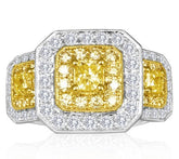WIDE 2.47CT WHITE & FANCY YELLOW DIAMOND 18K 2 TONE GOLD CUSHION ENGAGEMENT RING