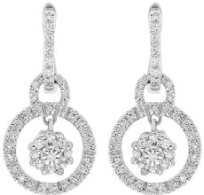 ESTATE .35CT DIAMOND 14KT WHITE GOLD 3D CLUSTER FLOWER CIRCULAR HANGING EARRINGS