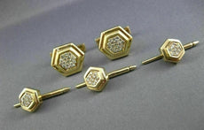ESTATE LARGE 2.0CT DIAMOND 14K YELLOW 3D HEXAGON MENS CUFFLINKS & SHIRT STUD SET
