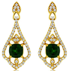 1.58CT DIAMOND & AAA RUSSALITE 14KT YELLOW GOLD CUSHION & ROUND HANGING EARRINGS