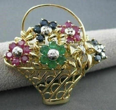 ANTIQUE 2.85CT DIAMOND & SAPPHIRE RUBY EMERALD FLOWER BASKET PENDANT PIN #1866