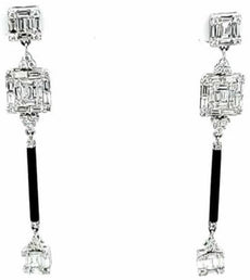 2.97CT DIAMOND & AAA ONYX 18KT WHITE GOLD ROUND & BAGUETTE BY THE YARD EARRINGS