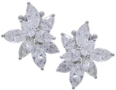 LARGE 8.7CT DIAMOND PLATINUM PEAR SHAPE & MARQUISE CLUSTER FLOWER STUD EARRINGS