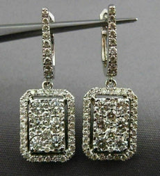 ESTATE 2.07CT DIAMOND 14K WHITE GOLD RECTANGULAR HUGGIE HANGING CLUSTER EARRINGS