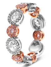 2.16CT WHITE & PINK DIAMOND 18KT WHITE & ROSE GOLD ROUND HALO ANNIVERSARY RING