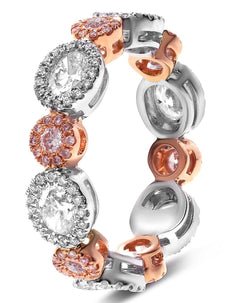 2.16CT WHITE & PINK DIAMOND 18KT WHITE & ROSE GOLD ROUND HALO ANNIVERSARY RING