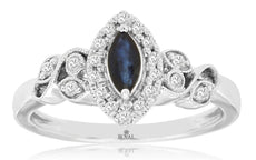 .43CT DIAMOND & AAA SAPPHIRE 14KT WHITE GOLD MARQUISE & ROUND HALO FILIGREE RING